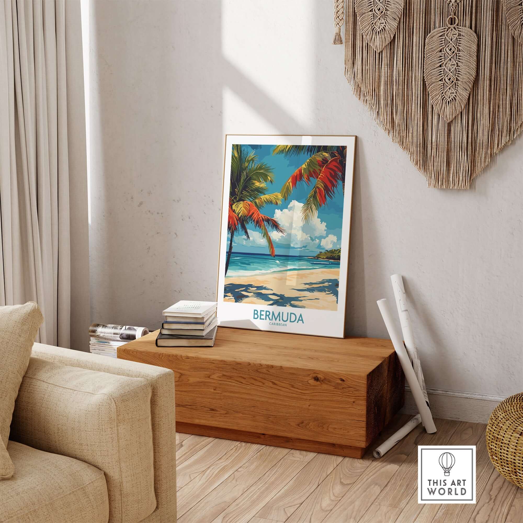 Bermuda Beach Print showcasing tropical scenery with palm trees and clear waters in a cozy living room setting.