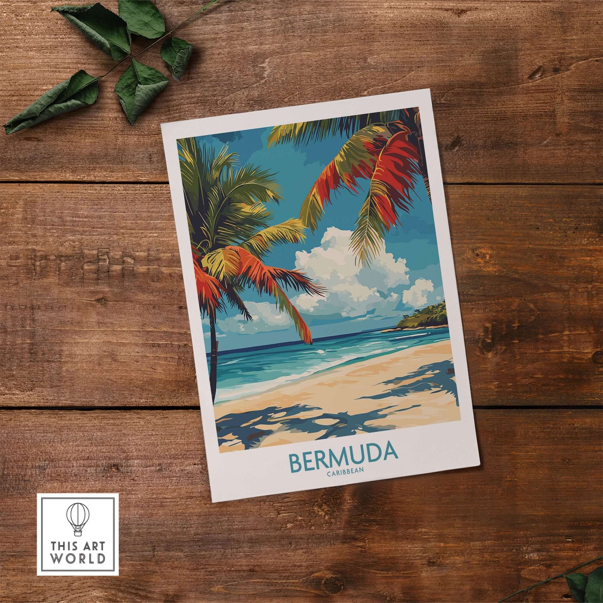 Bermuda Beach Print featuring vibrant palm trees and crystal clear waters that evoke a tropical paradise.