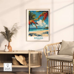 Bermuda Beach Print featuring palm trees and sandy beaches in a sunny room setting.