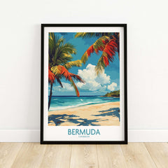 Bermuda Beach Print featuring vibrant tropical art with palm trees and crystal clear waters.