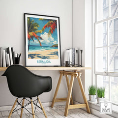 Bermuda Beach Print showcasing tropical scenery with palm trees and ocean view in a stylish interior setting.