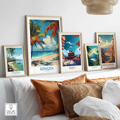 Bermuda Beach Print displayed in a living room setting, showcasing vibrant tropical artwork alongside other framed prints.