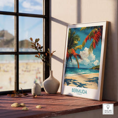 Bermuda Beach Print framed art showcasing tropical scenery with palm trees and sandy beach.