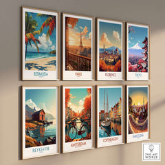 Bermuda Beach Print framed among artwork of various cities including Paris, Florence, Tokyo, and more.