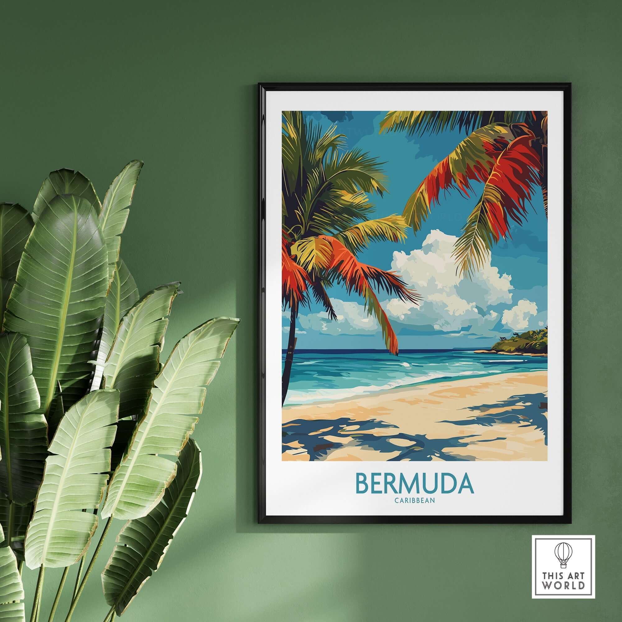 Bermuda Beach Print featuring tropical palm trees and scenic shoreline in vibrant colors.
