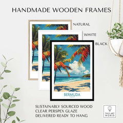 Handmade wooden frames for Bermuda Beach Print in natural, white, and black colors, showcasing tropical artwork.