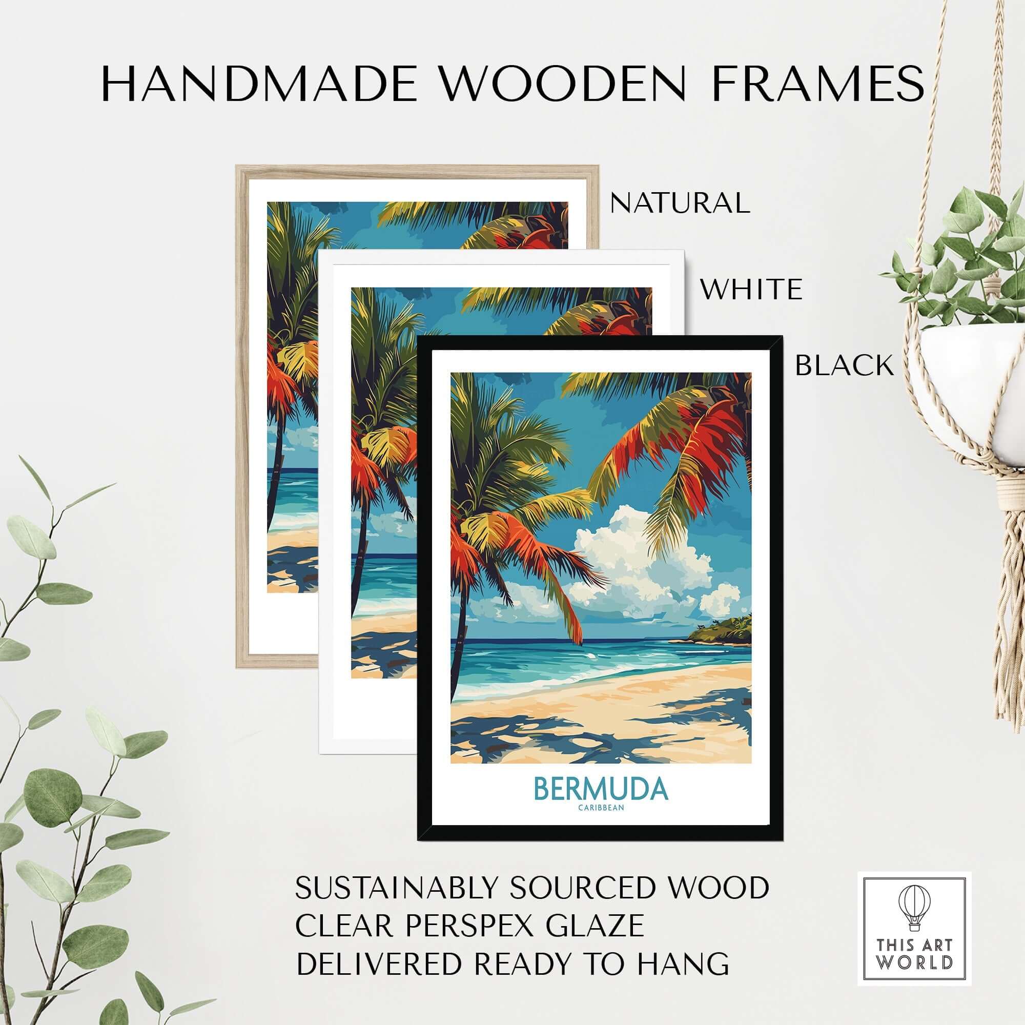 Handmade wooden frames for Bermuda Beach Print in natural, white, and black colors, showcasing tropical artwork.