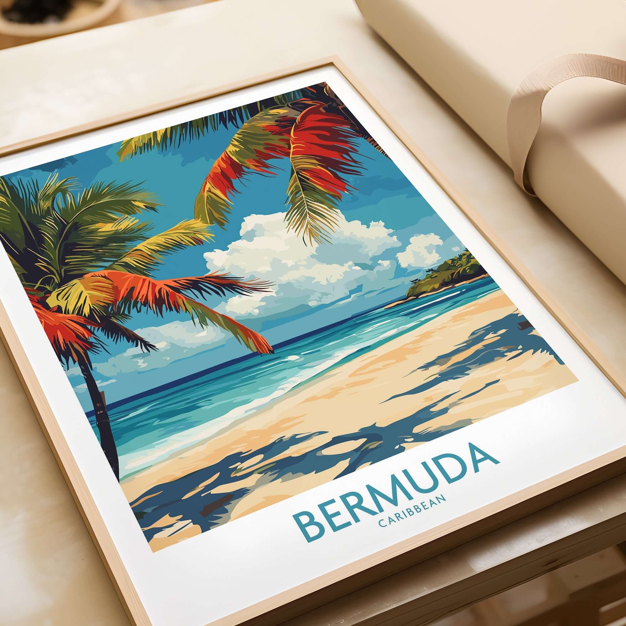 Bermuda Beach Print featuring vibrant palm trees and crystal clear waters in a tropical setting.