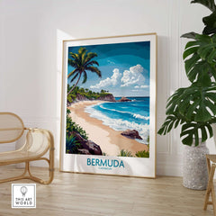 Bermuda Poster showcasing vibrant beach scene with palm trees and clear waters, perfect for adding island beauty to any space.