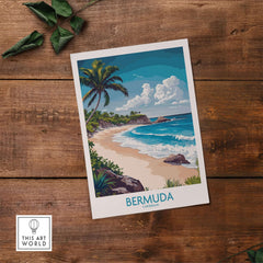 Bermuda Poster featuring vibrant beach landscape and palm trees, bringing a touch of island beauty to your home.