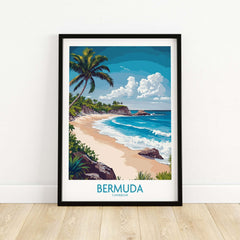 Bermuda Poster showcasing a tropical beach scene with palm trees and crystal blue waters.
