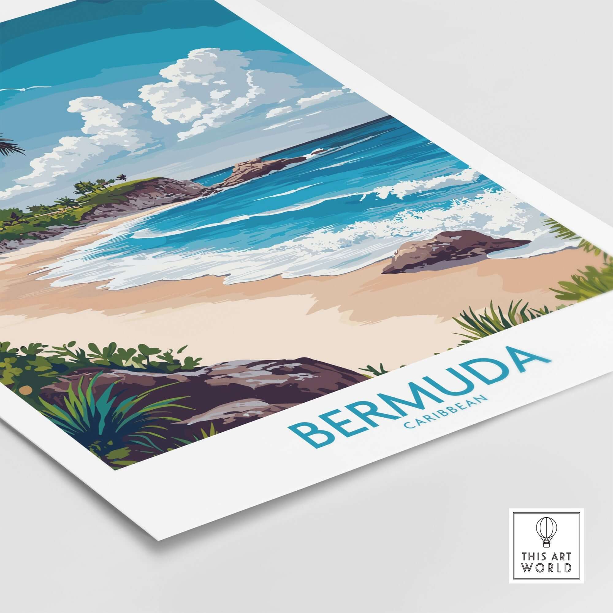 Bermuda Poster showcasing a stunning tropical beach scene with crystal blue waters and vibrant landscapes.
