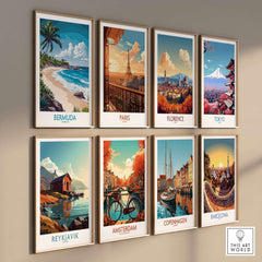 Bermuda Poster collection displayed on a wall featuring vibrant travel-themed art of various cities.