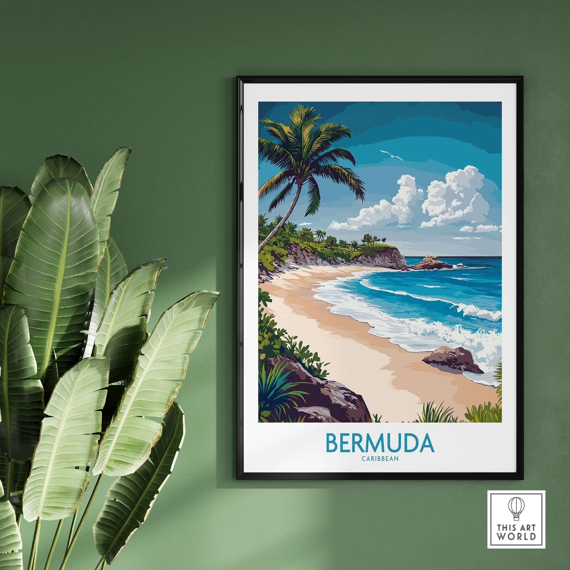 Bermuda Poster depicting a tropical beach with palm trees and blue waters for a vibrant home decor.