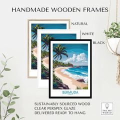 Bermuda Poster in handmade wooden frames showcasing tropical beach landscape and palm trees.