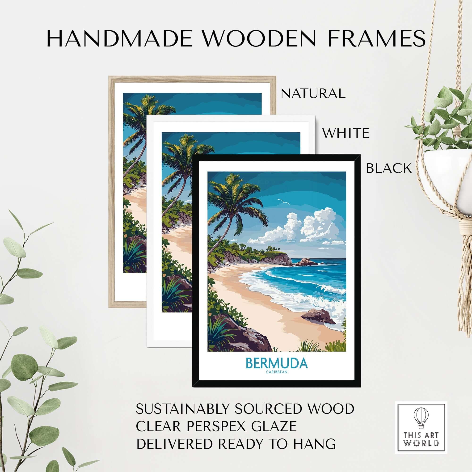 Bermuda Poster in handmade wooden frames showcasing tropical beach landscape and palm trees.