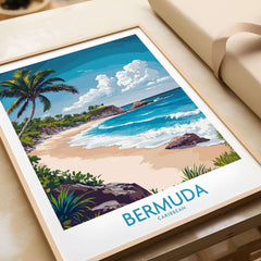 Vibrant Bermuda Poster showcasing a serene beach with palm trees and blue ocean waves, perfect for home decor.