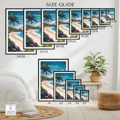 Bermuda Print size guide showing various frame sizes for tropical beach artwork