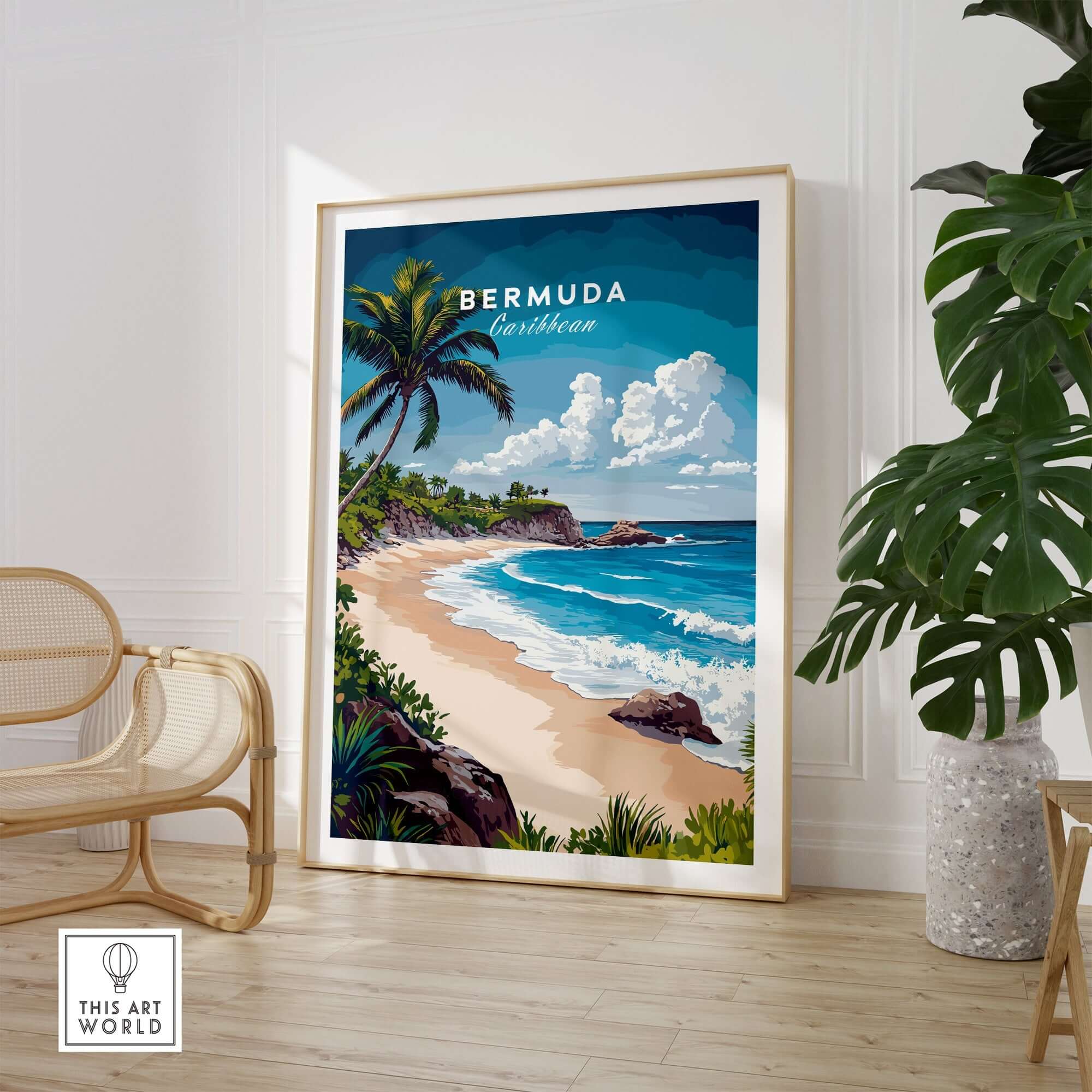 Bermuda Print featuring a tropical beach scene with palm trees and turquoise waters, perfect for adding color to any space.