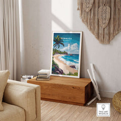Bermuda Print featuring a tropical beach scene with waves and palm trees, adding a vibrant touch to home decor.