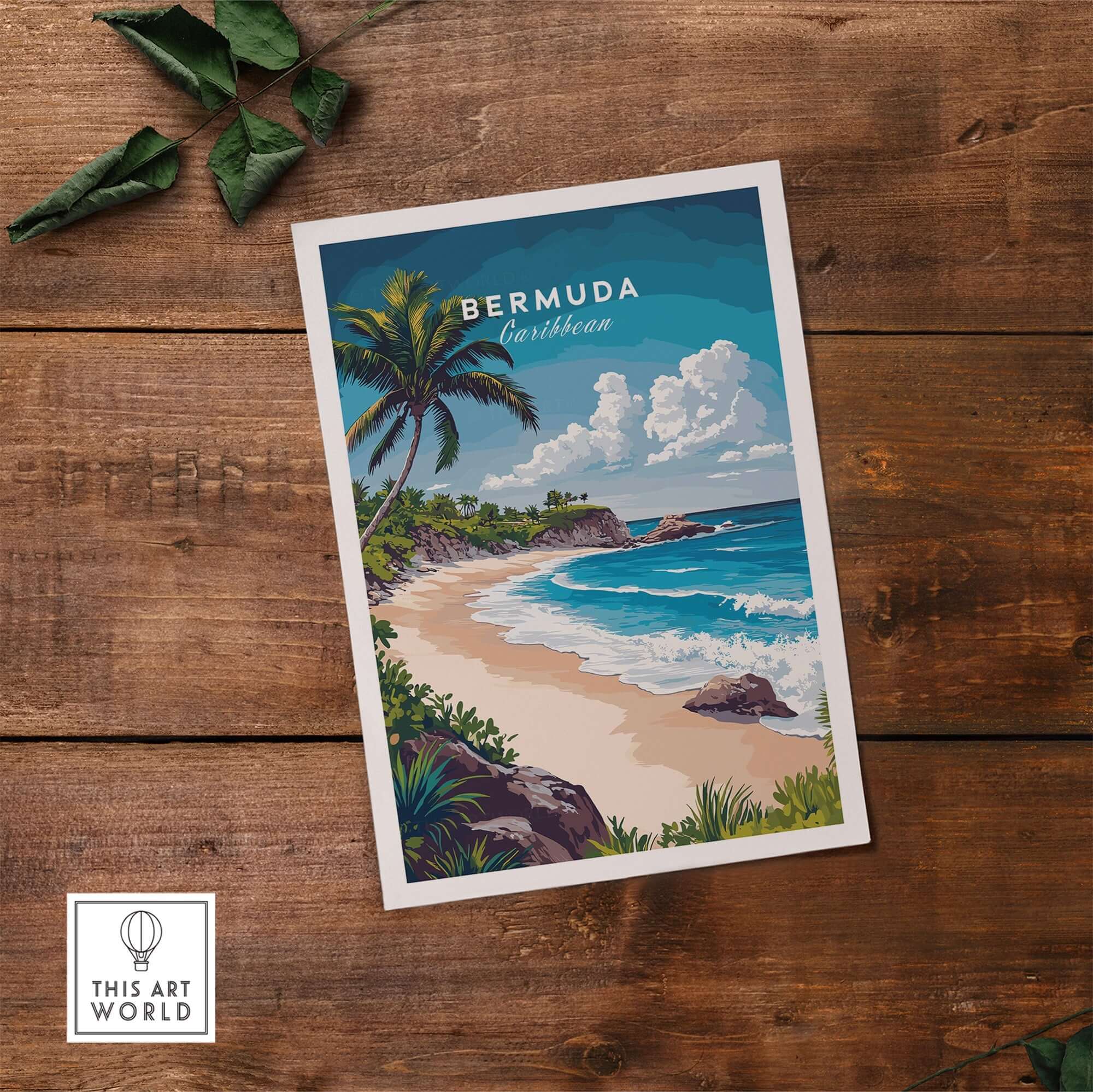 Bermuda Print travel poster showcasing a tropical beach scene with palm trees and ocean waves.