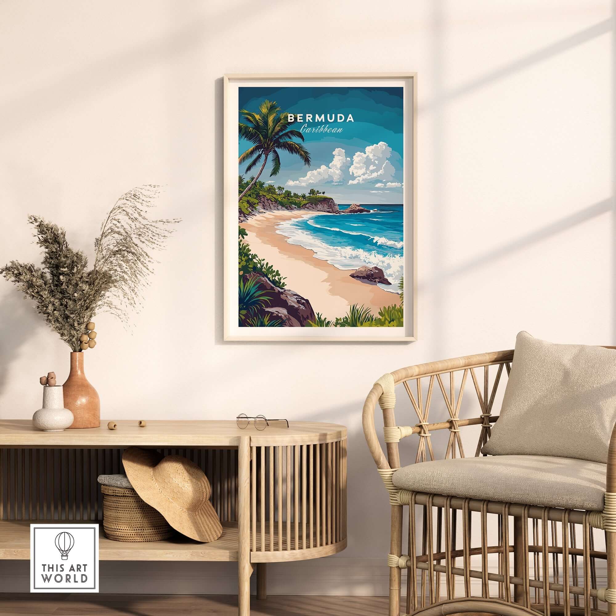 Bermuda Print featuring a tranquil beach scene with palm trees and blue skies, perfect for tropical decor.