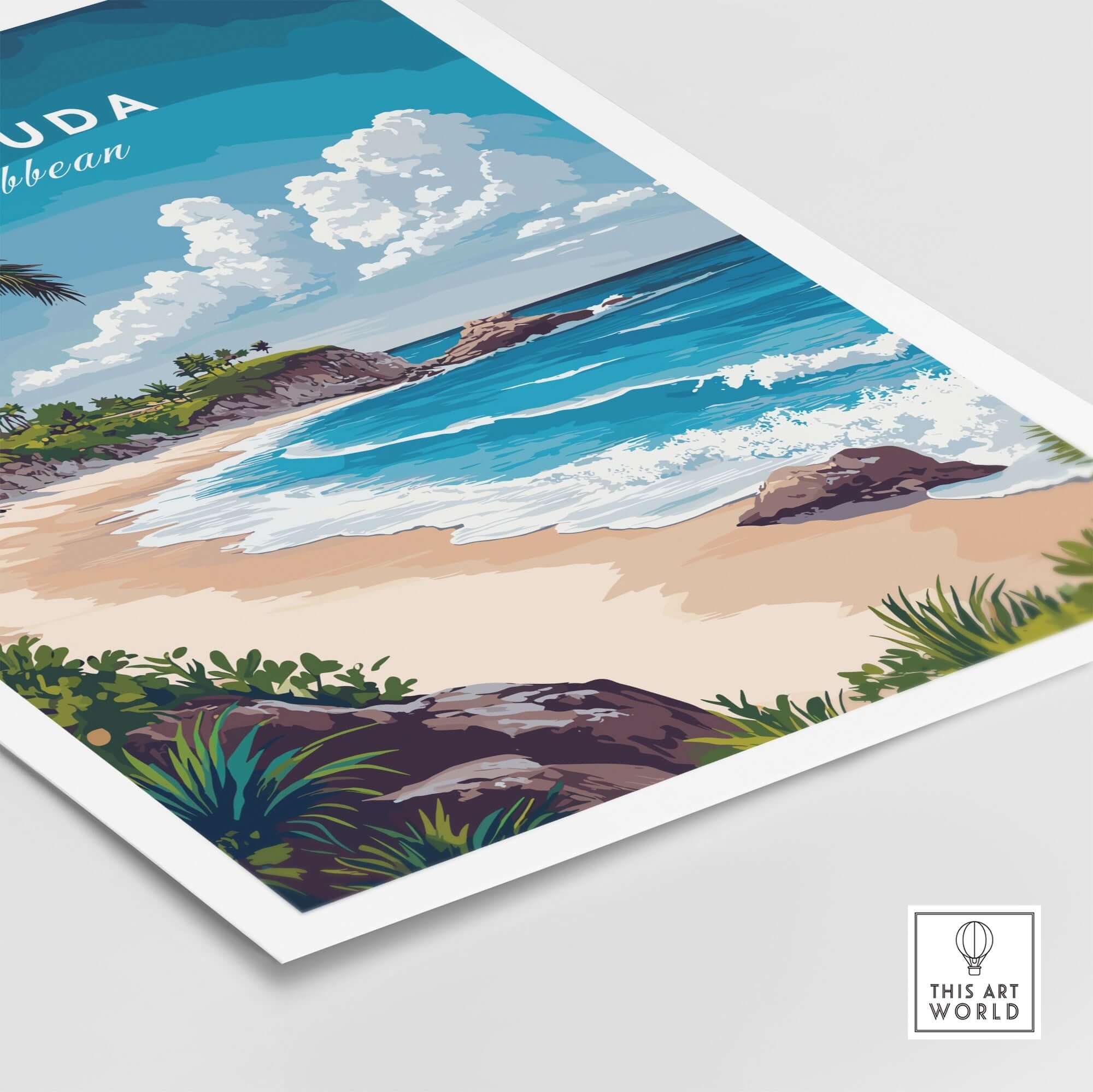 Bermuda Print featuring a tropical beach scene with vibrant blue waters and lush greenery.
