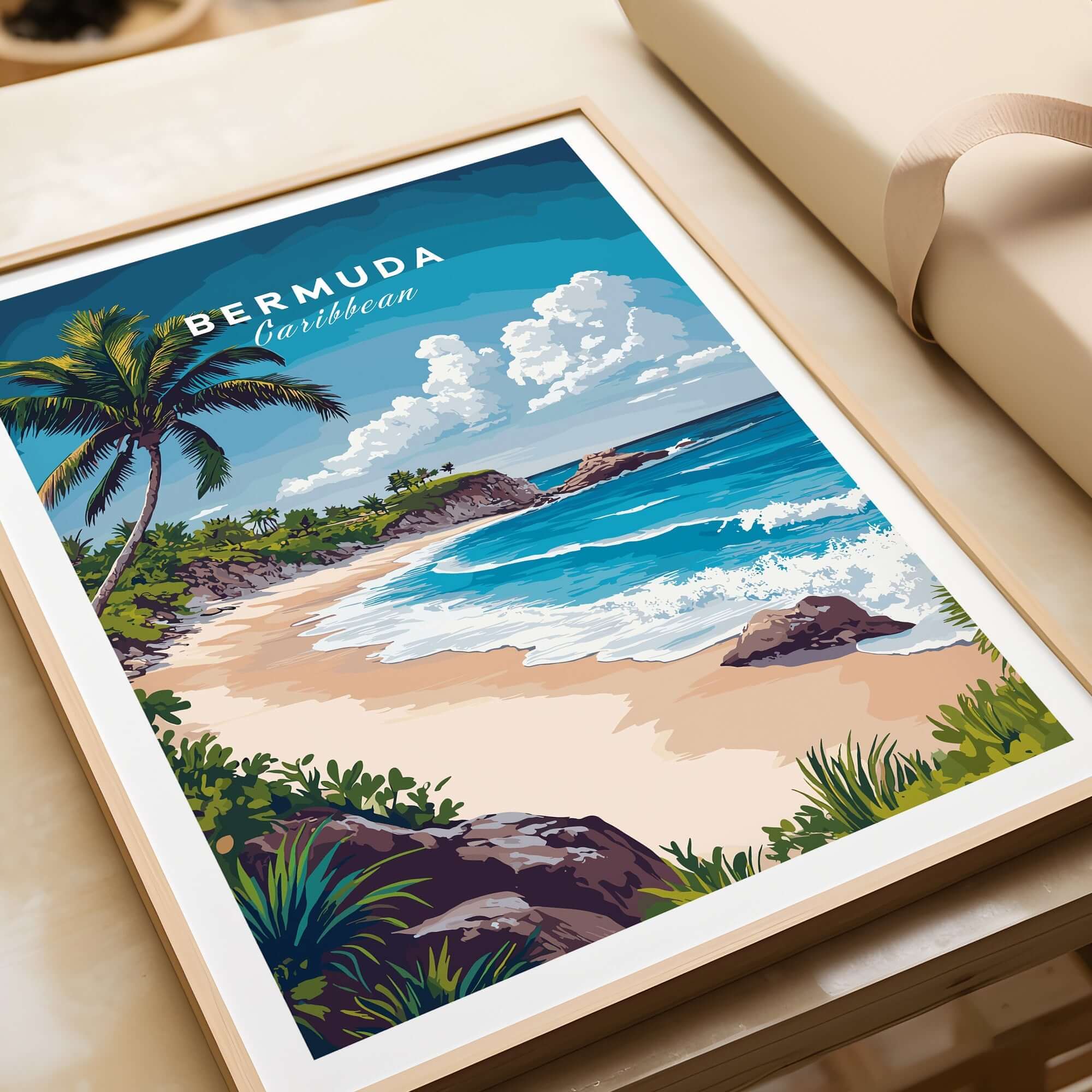 Bermuda Print featuring a tropical beach scene with palm trees and ocean waves.
