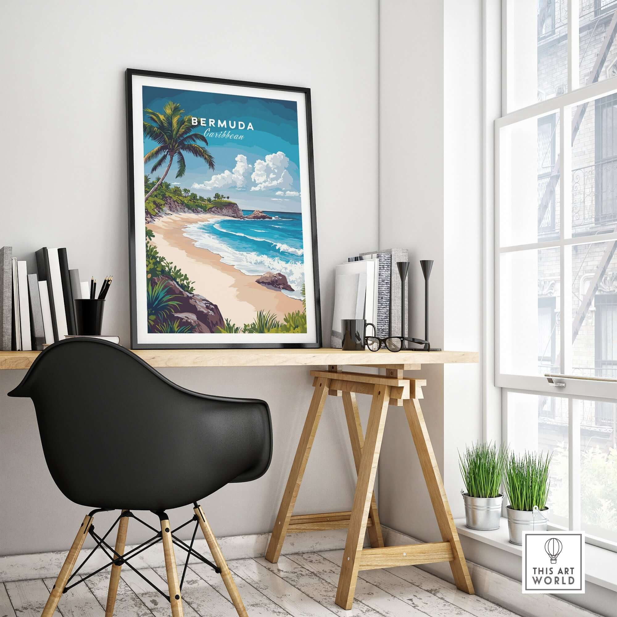 Bermuda Print showcasing a vibrant beach scene with palm trees, perfect for adding a tropical vibe to your decor.