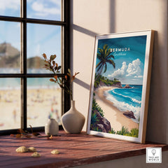 Bermuda Print artistic travel poster featuring tropical beach scene with palm trees and ocean waves.