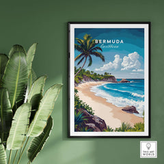 Bermuda Print showcasing a vibrant tropical beach scene with palm trees and ocean waves.