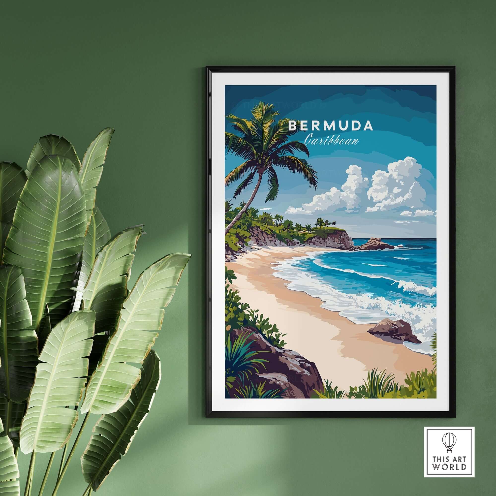 Bermuda Print showcasing a vibrant tropical beach scene with palm trees and ocean waves.