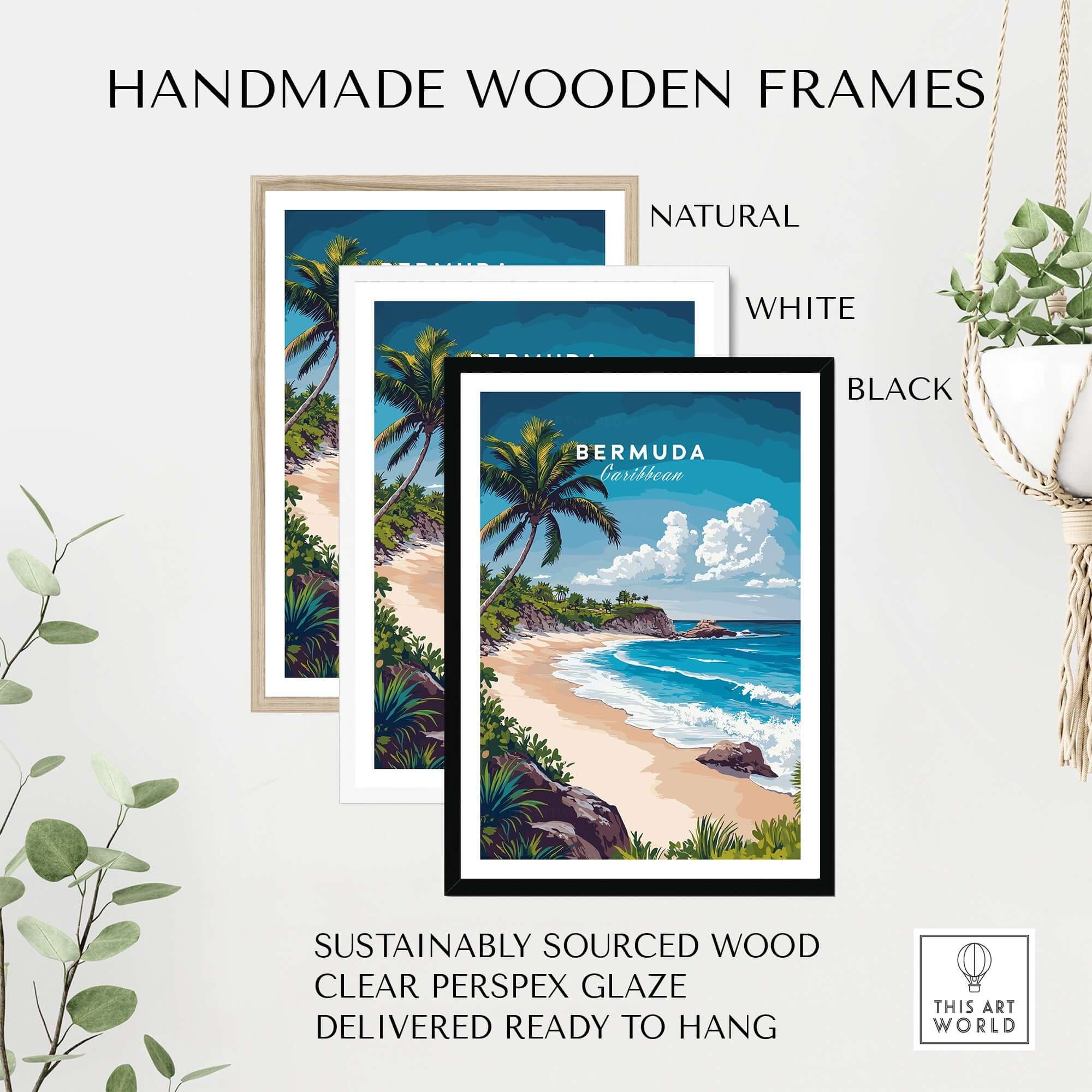 Handmade wooden frames in natural, white, and black for Bermuda Print travel poster, sustainably sourced with clear glaze.