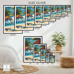 Bermuda Print - Beach Poster size guide showcasing various frame sizes in a serene beach setting.