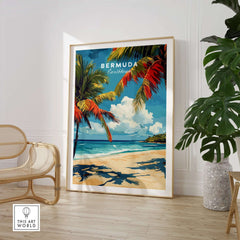 Bermuda Print - Beach Poster featuring vibrant tropical scenery and palm trees in a stylish interior setting.