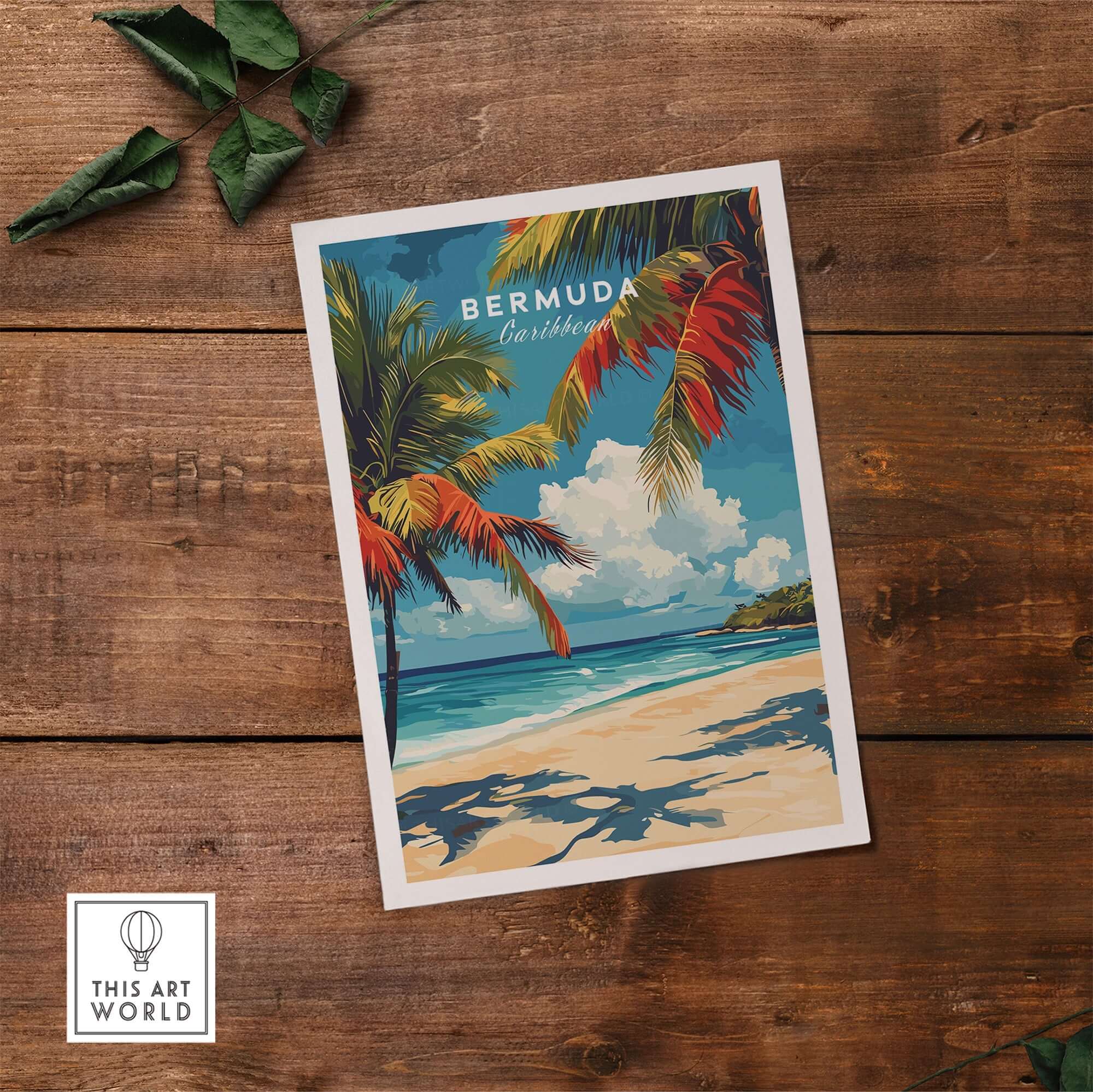 Bermuda Print - Beach Poster showcasing tropical scenery with palms and vibrant colors on a serene beach.