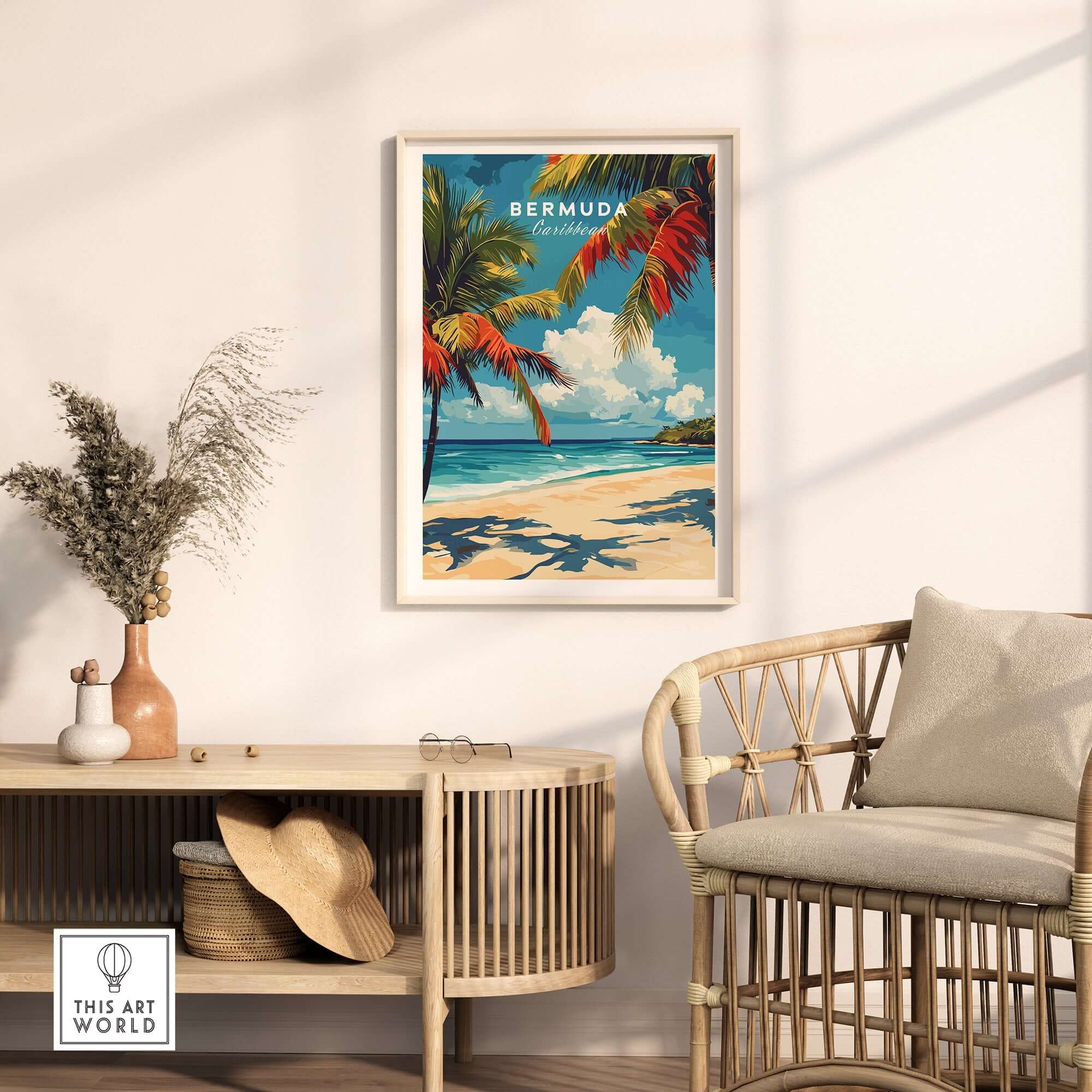 Bermuda Print - Beach Poster displayed in a modern room with tropical decor and a serene beach scene.