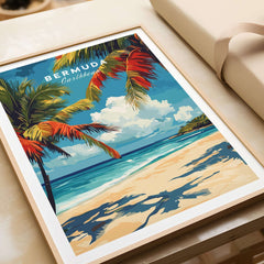 Bermuda Print - Beach Poster depicting a tropical beach scene with palm trees and vibrant colors.