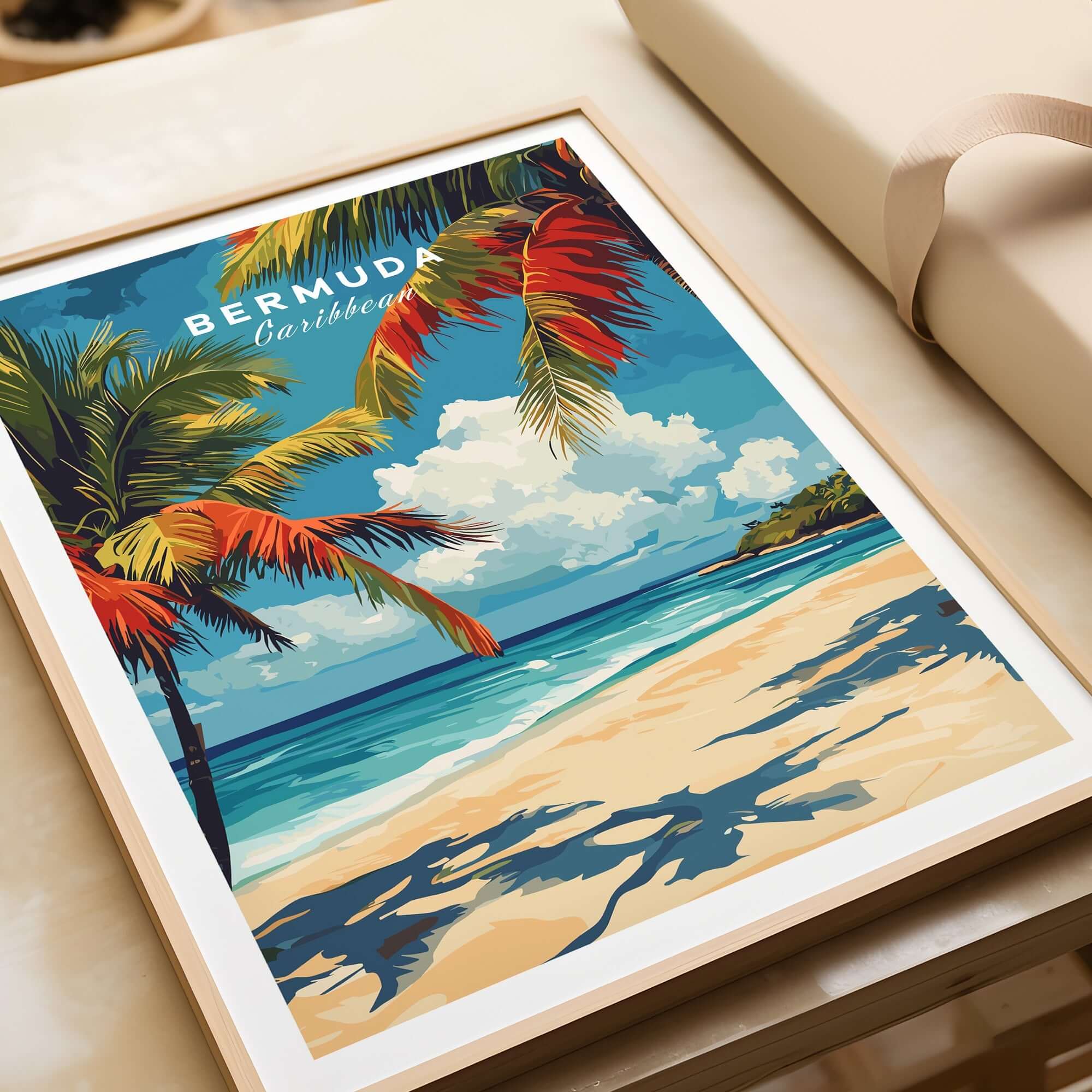 Bermuda Print - Beach Poster depicting a tropical beach scene with palm trees and vibrant colors.
