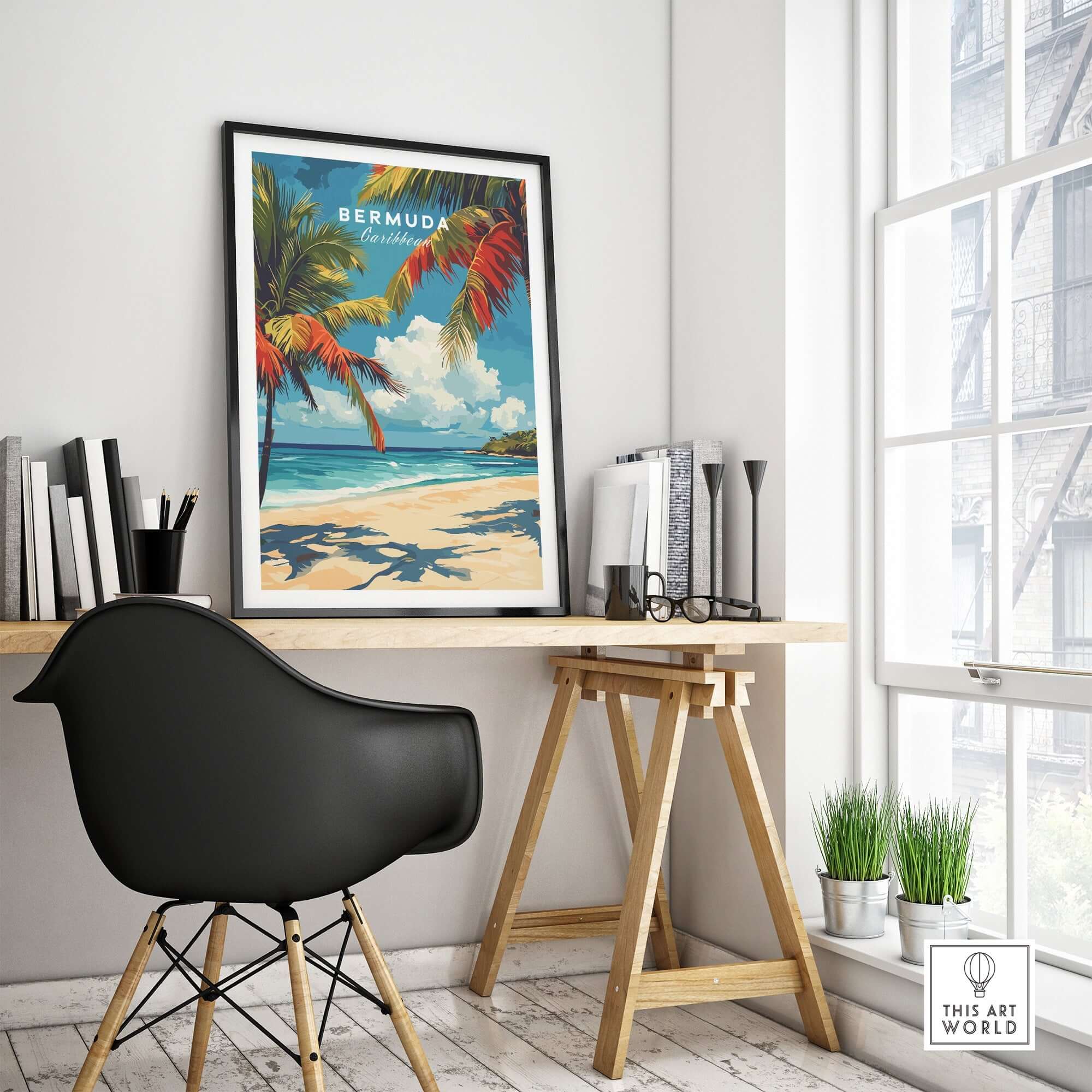 Bermuda Print - Beach Poster displayed in a stylish office setting with tropical design and serene colors.