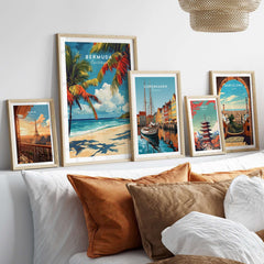 Bermuda Print - Beach Poster displayed among other travel-themed posters in a stylish home setting.