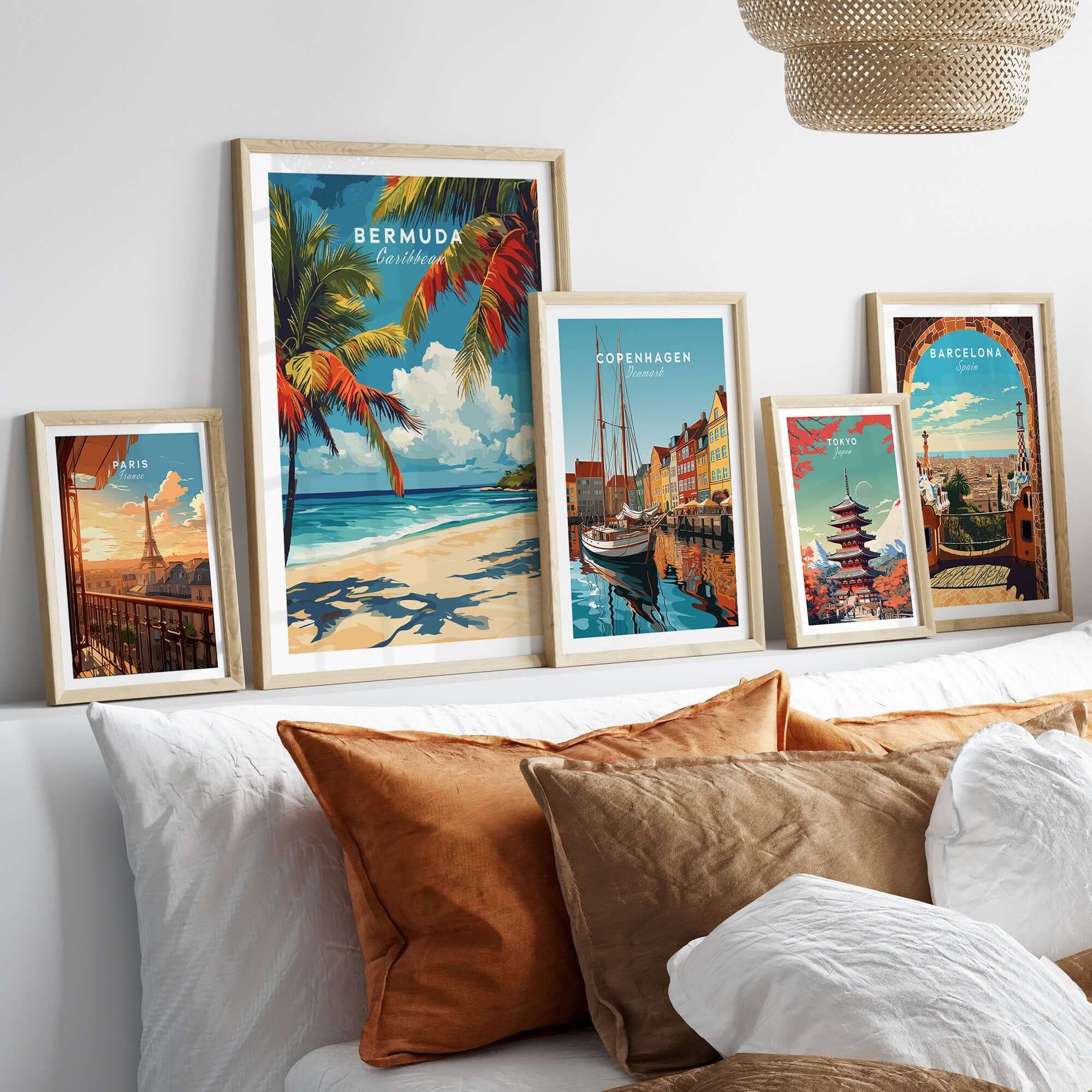 Bermuda Print - Beach Poster displayed among other travel-themed posters in a stylish home setting.