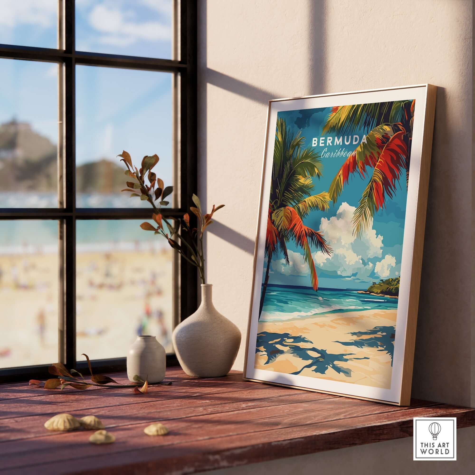Bermuda Print - Beach Poster displayed on a windowsill, showcasing a tropical beach scene with vibrant colors.