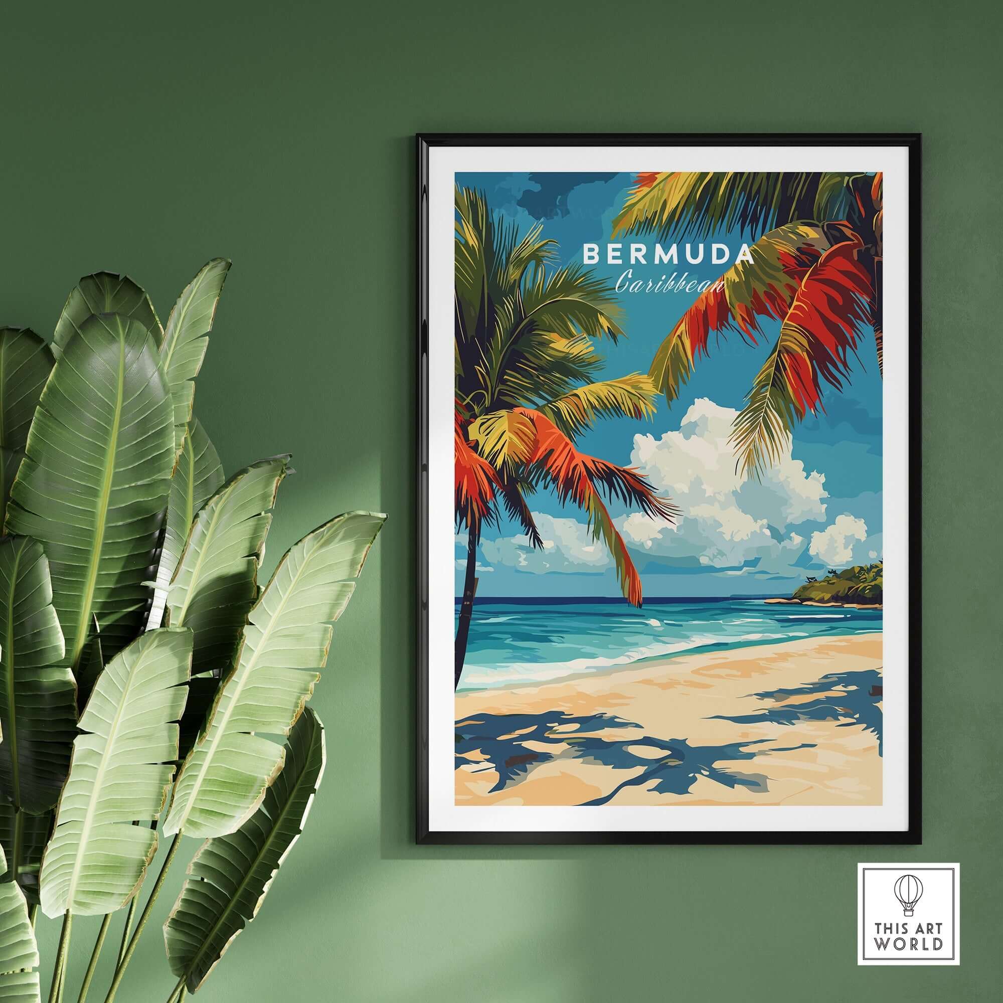 Bermuda Print - Beach Poster featuring tropical palms and a serene beach scene.