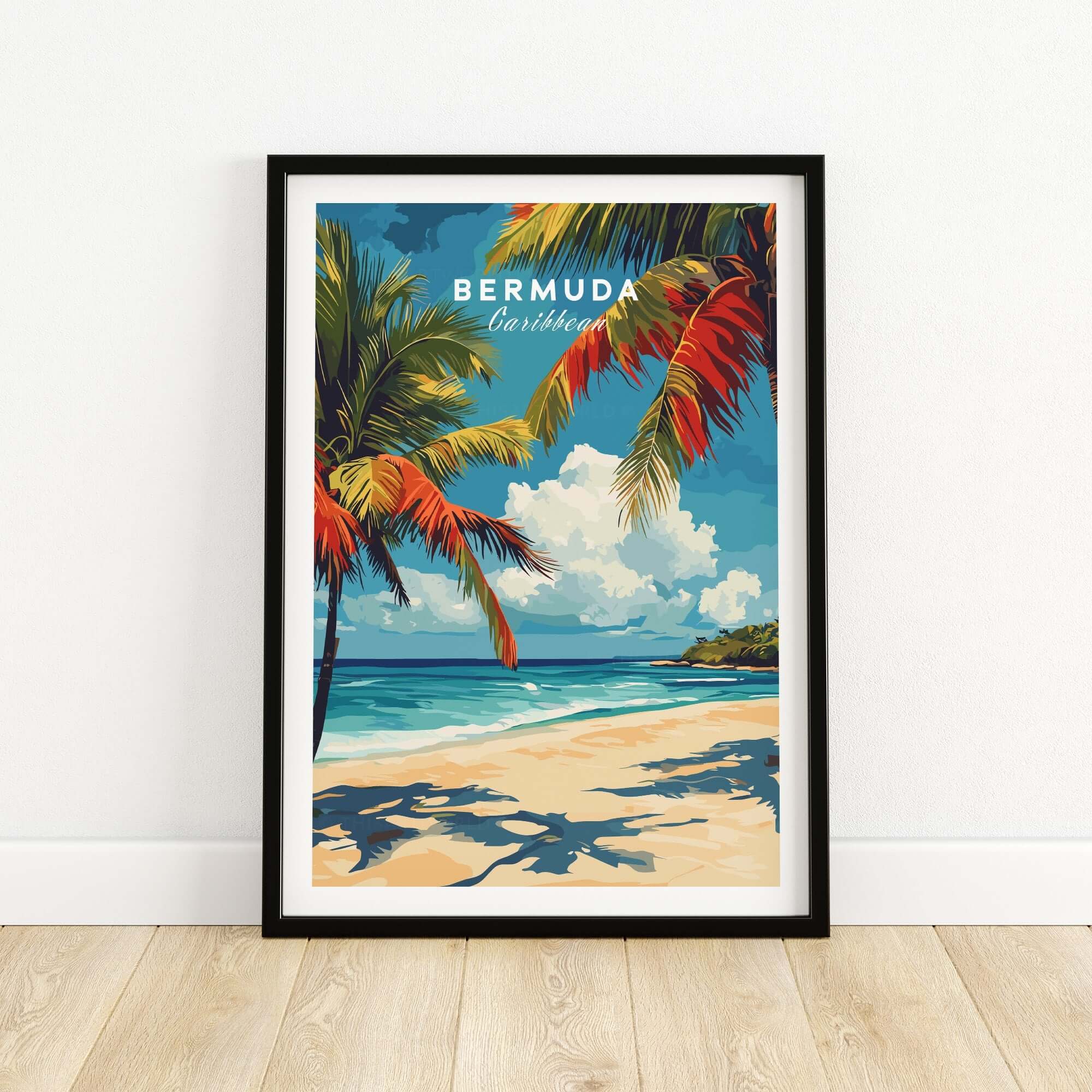 Bermuda Print - Beach Poster showcasing palm trees and a tropical beach landscape.