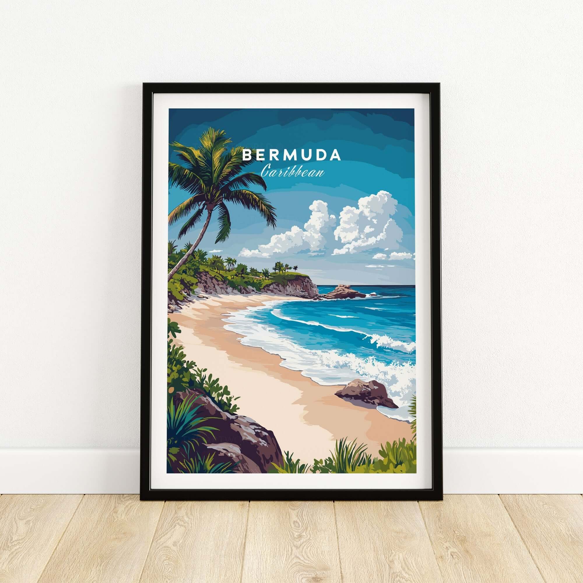 Bermuda Print featuring a vibrant tropical beach with palm trees and azure water.
