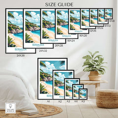 Bermuda Travel Poster size guide showcasing various frame sizes and vibrant beach artwork.