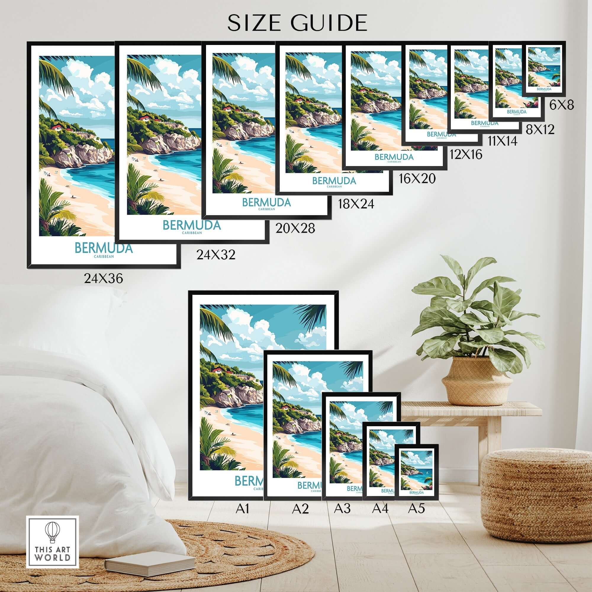 Bermuda Travel Poster size guide showcasing various frame sizes and vibrant beach artwork.