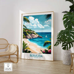 Bermuda Travel Poster featuring a scenic beach view with vibrant colors and tropical details.