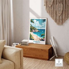 Bermuda Travel Poster showcasing a beautiful beach scene with vibrant colors and detailed design.